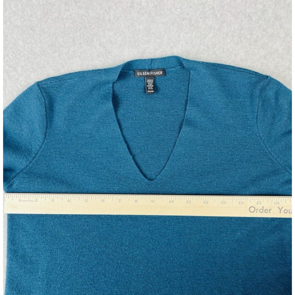 Eileen Fisher Tunic Sweater Womens XS Teal Italian Yarn V Neck Knit Pullover - Picture 9 of 14
